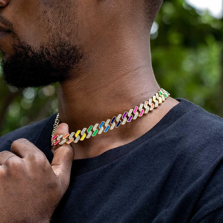 Round Moissanite Rainbow Accent Cuban Link Necklace in 14K Yellow Gold On Neck View