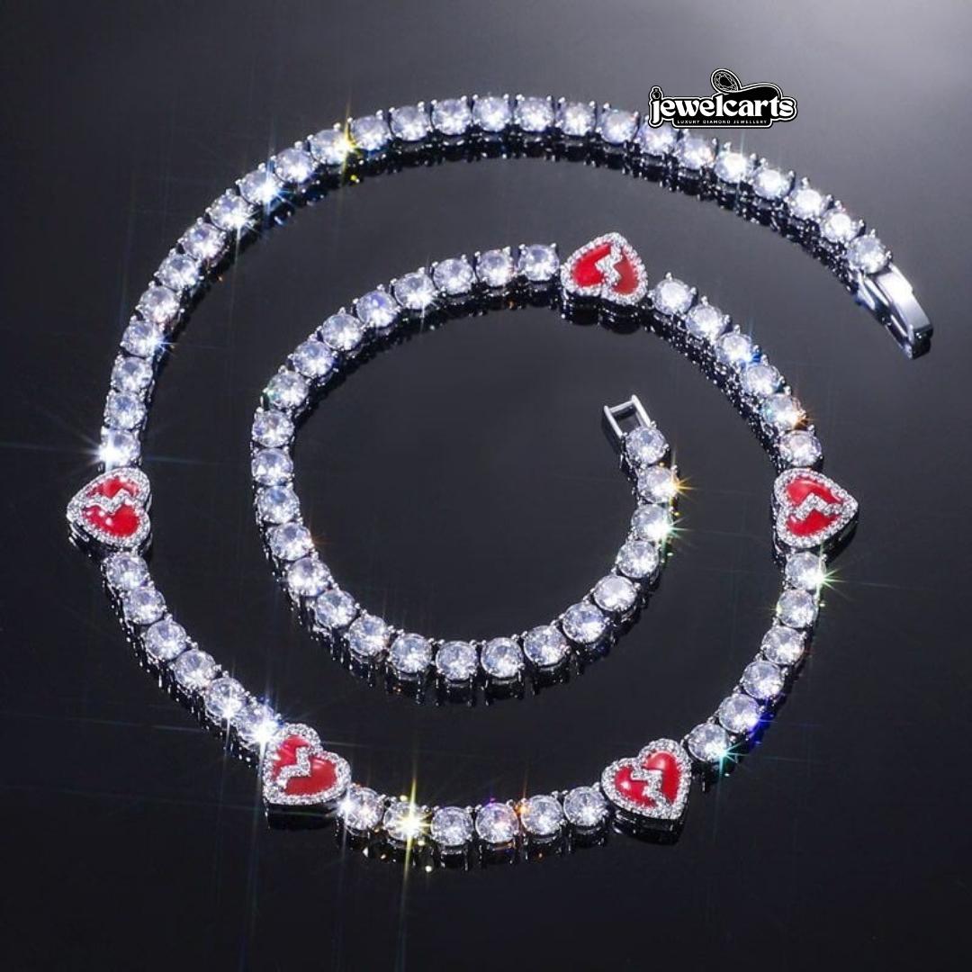 Round Moissanite Red Heart Accent Tennis Necklace in 14K White Gold Front View