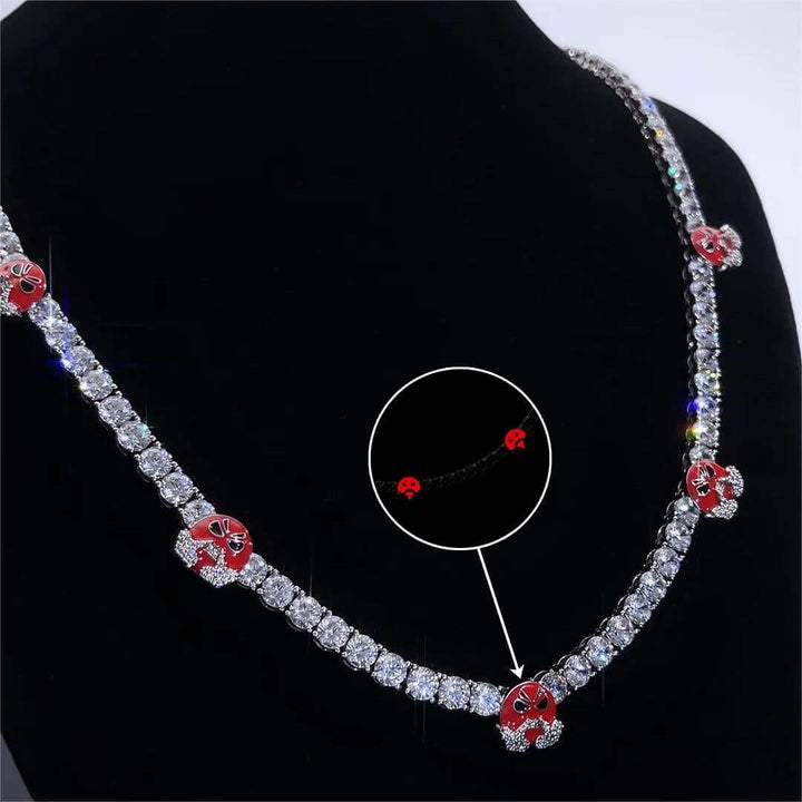 Round Moissanite Red Mask Accent Tennis Necklace in 14K White Gold Detailed Link View