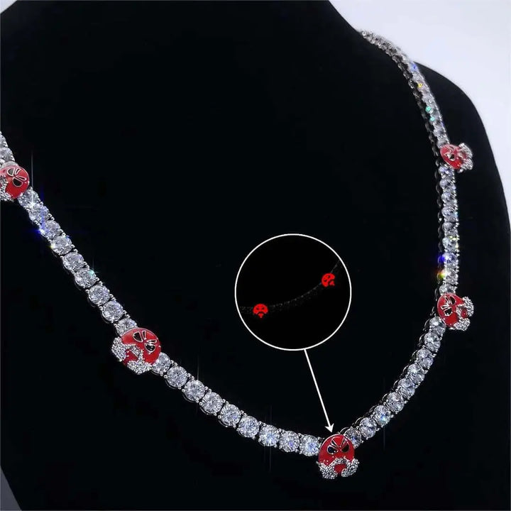 Round Moissanite Red Mask Accent Tennis Necklace in 14K White Gold Detailed Link View