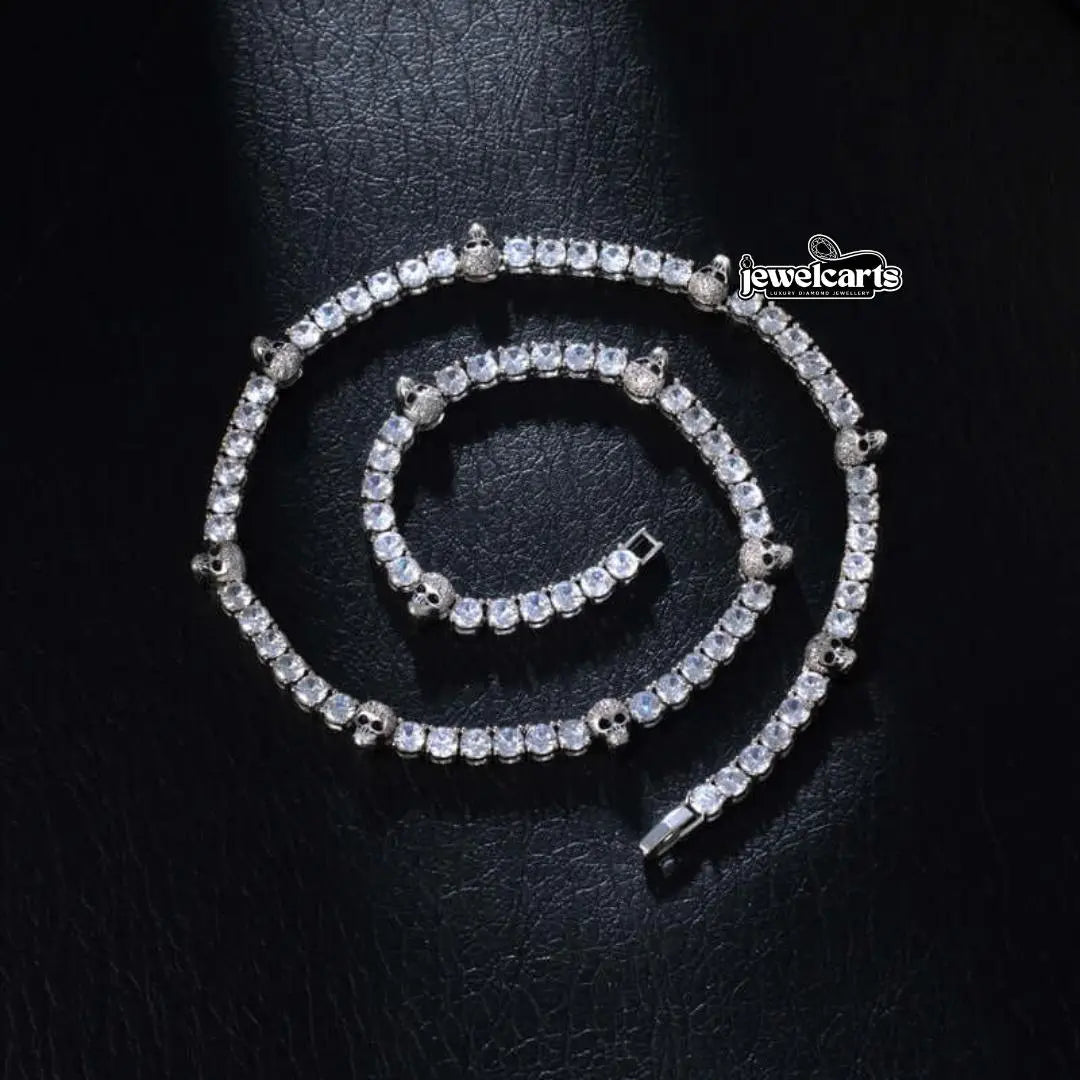 Round Moissanite Skull Accent Tennis Necklace in 14K White Gold Front View