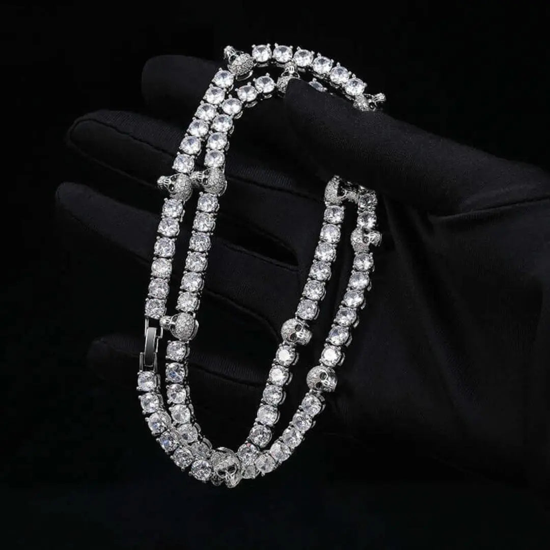 Round Moissanite Skull Accent Tennis Necklace in 14K White Gold On Hand View