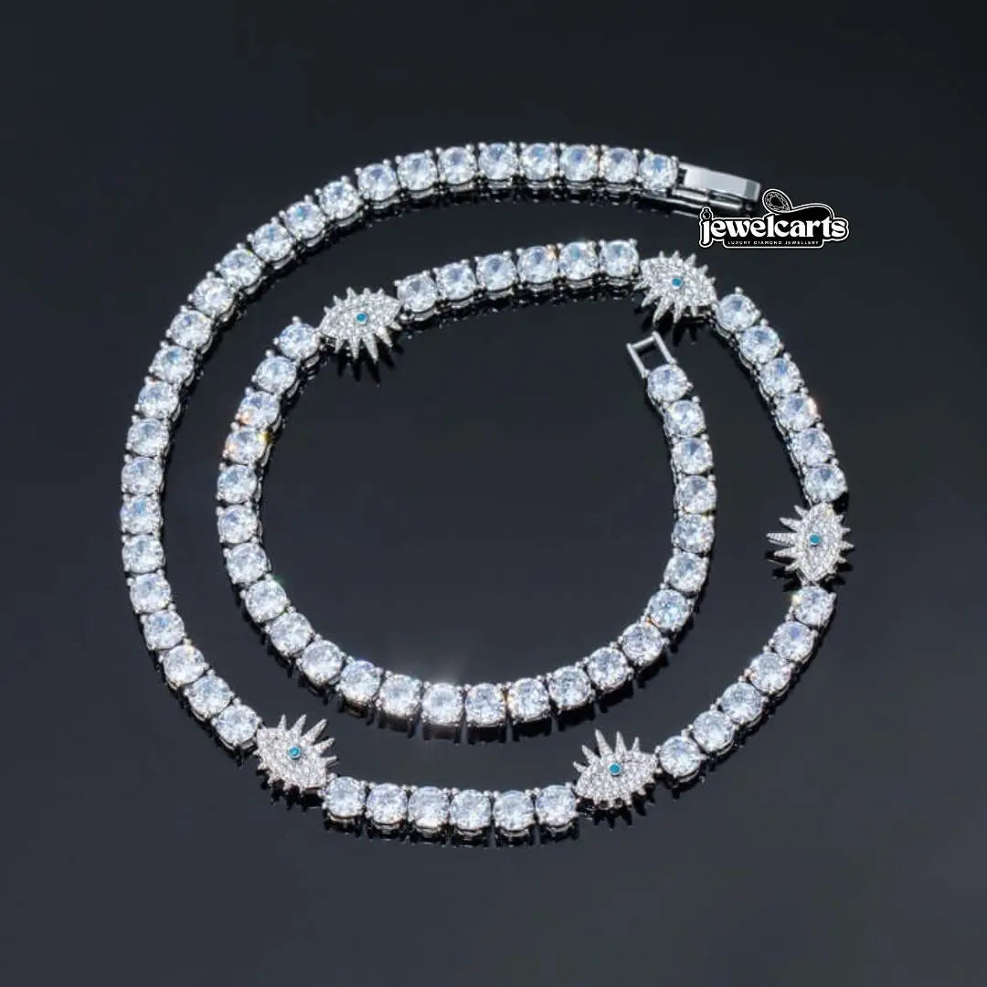 Round Moissanite Starburst Accent Tennis Necklace in 14K White Gold Front View