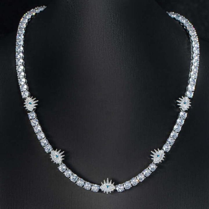 Round Moissanite Starburst Accent Tennis Necklace in 14K White Gold On Neck View