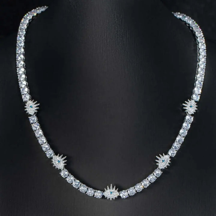 Round Moissanite Starburst Accent Tennis Necklace in 14K White Gold On Neck View