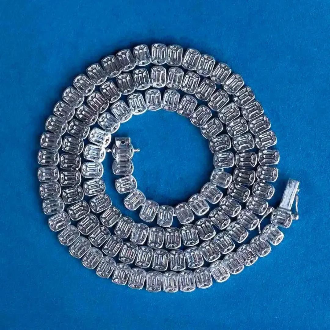 Round and Baguette Moissanite Tennis Necklace in 14K White Gold Back Side View