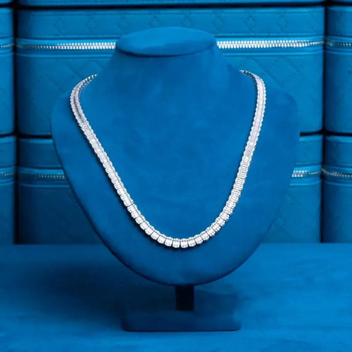 Round and Baguette Moissanite Tennis Necklace in 14K White Gold On Neck View