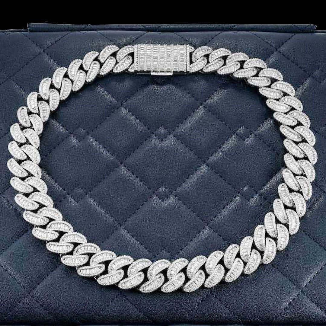 Round and Cushion Moissanite Cuban Link Necklace in 14K White Gold Close Up Front View