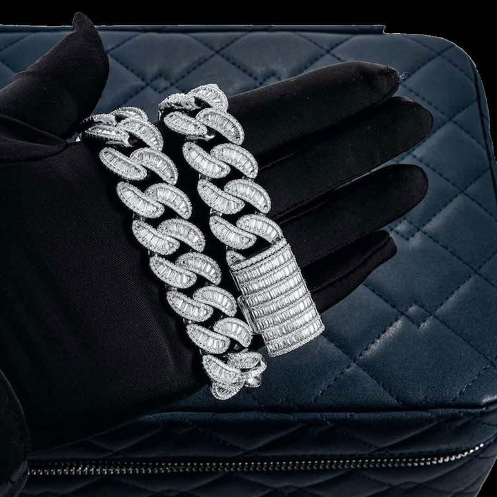 Round and Cushion Moissanite Cuban Link Necklace in 14K White Gold On Hand View