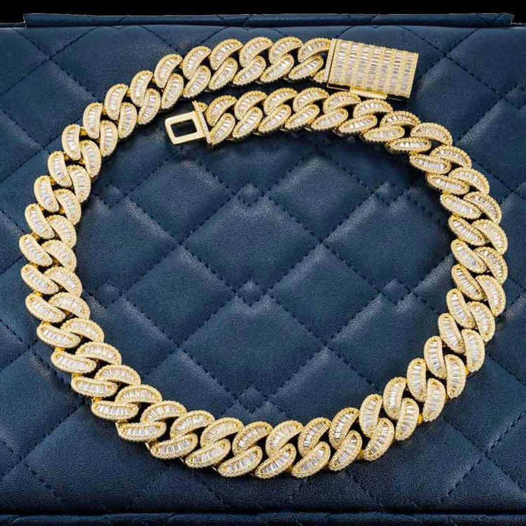 Round and Cushion Moissanite Cuban Link Necklace in 14K Yellow Gold Close Up Front View