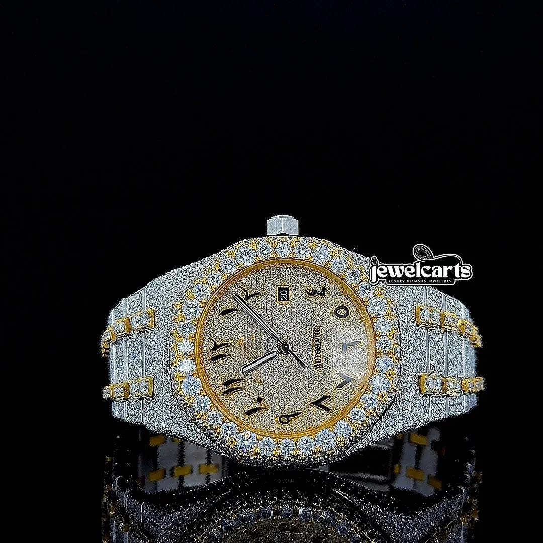 Royal Oak AP Arabic Dial Two Tone Yellow Gold Iced Out Moissanite Watch Front View
