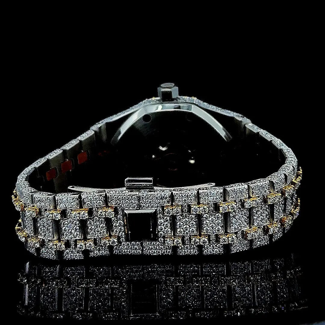 Royal Oak AP Black Stick Markers Dial Two Tone Yellow Gold Iced Out Moissanite Watch Caseback View
