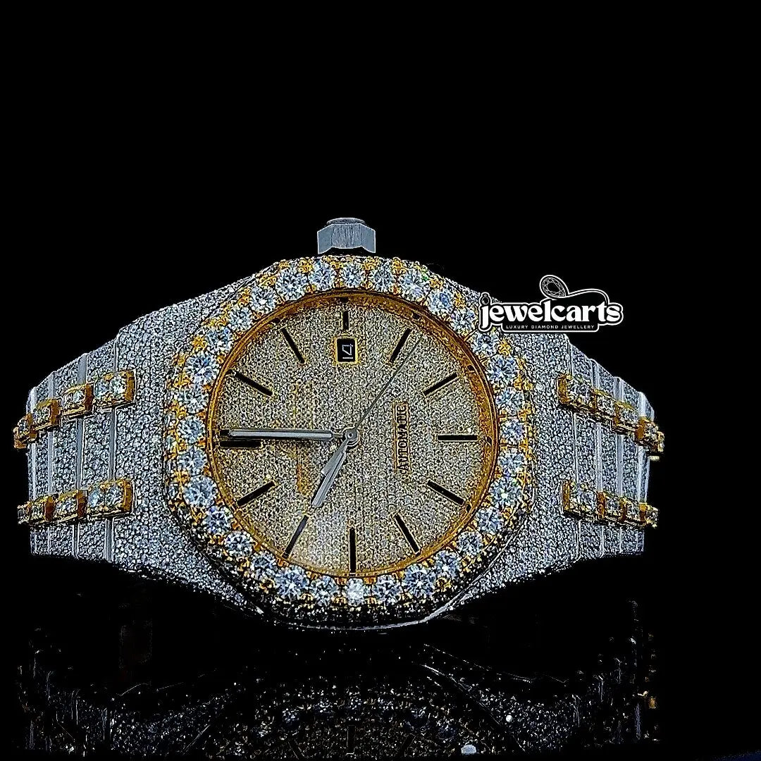 Royal Oak AP Black Stick Markers Dial Two Tone Yellow Gold Iced Out Moissanite Watch Front View