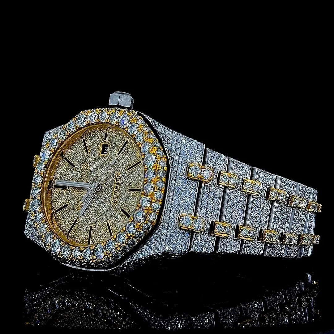 Royal Oak AP Black Stick Markers Dial Two Tone Yellow Gold Iced Out Moissanite Watch Left Profile View