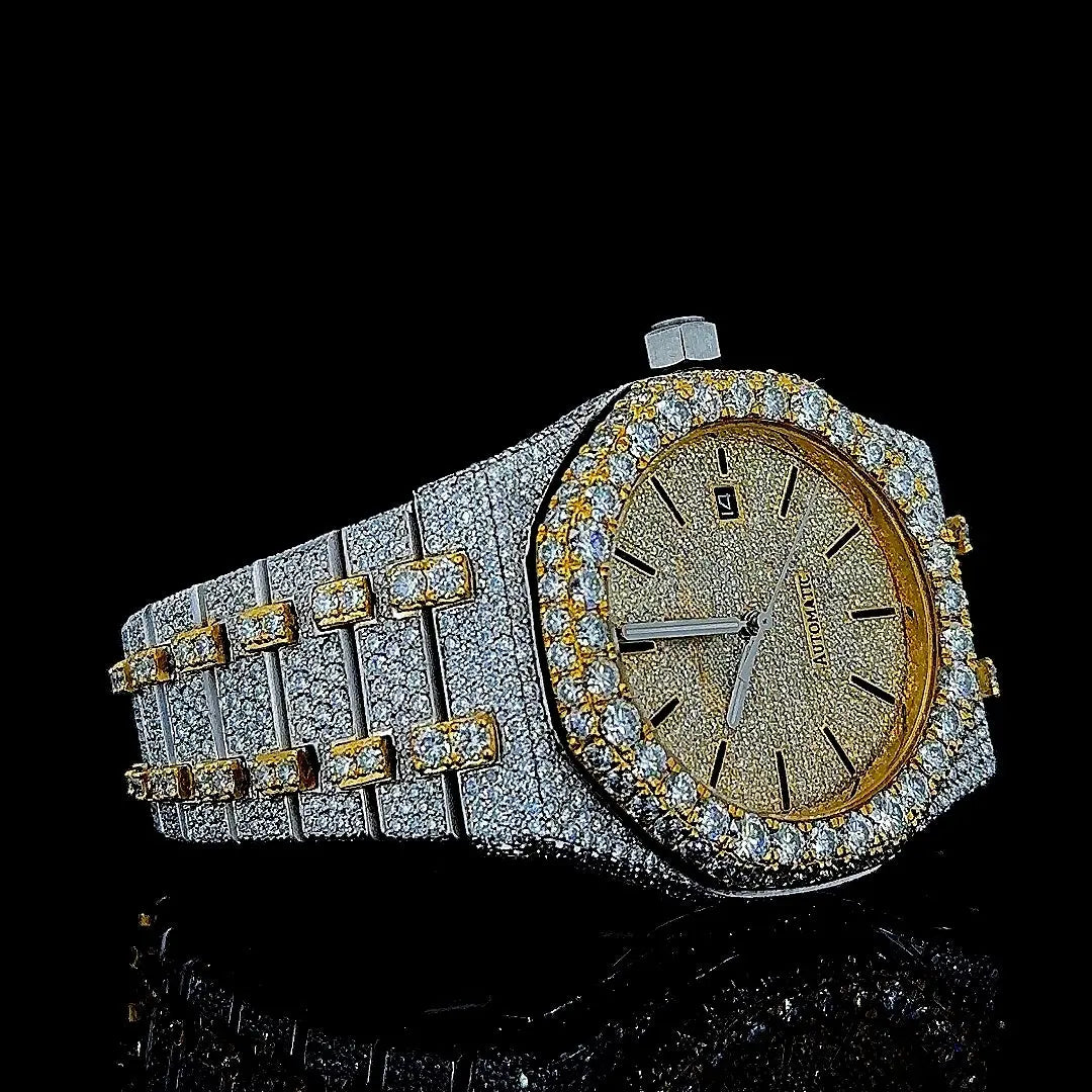 Royal Oak AP Black Stick Markers Dial Two Tone Yellow Gold Iced Out Moissanite Watch Right Profile View