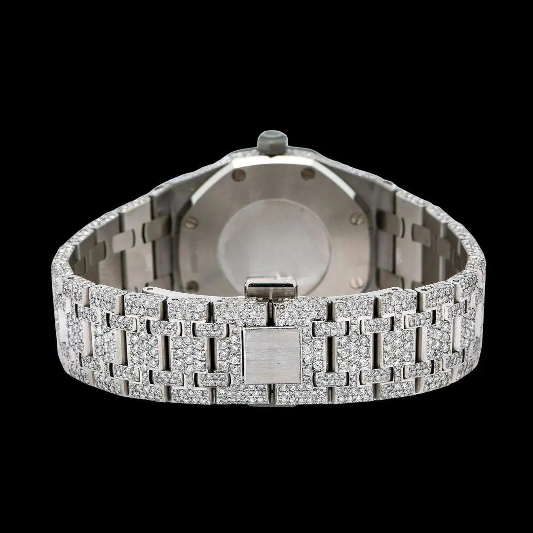 Royal Oak AP Red Stick Markers Diamond Dial Fully Iced Out Moissanite Watch Caseback View