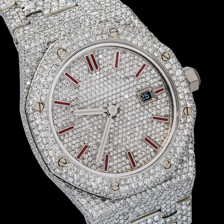 Royal Oak AP Red Stick Markers Diamond Dial Fully Iced Out Moissanite Watch Close Up Dial View