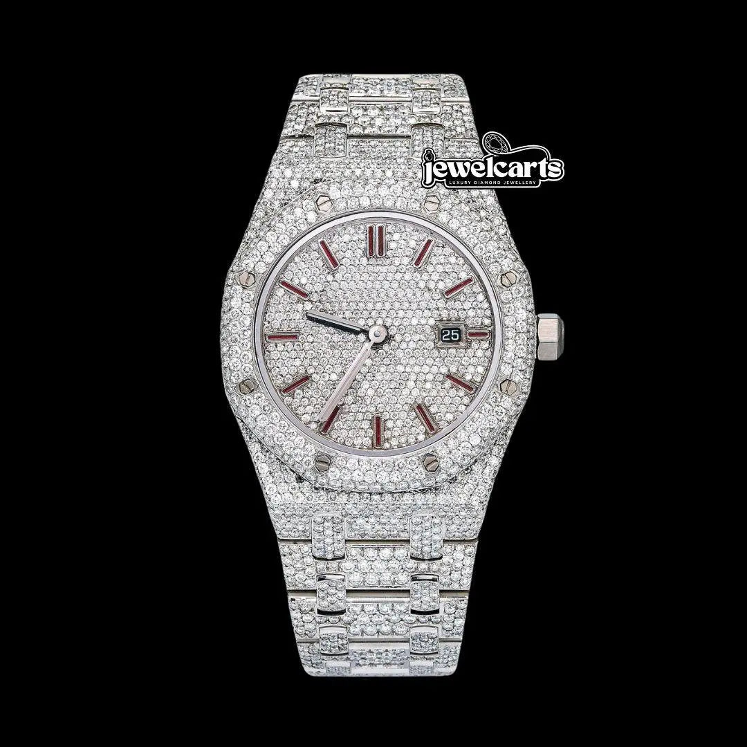 Royal Oak AP Red Stick Markers Diamond Dial Fully Iced Out Moissanite Watch Front View