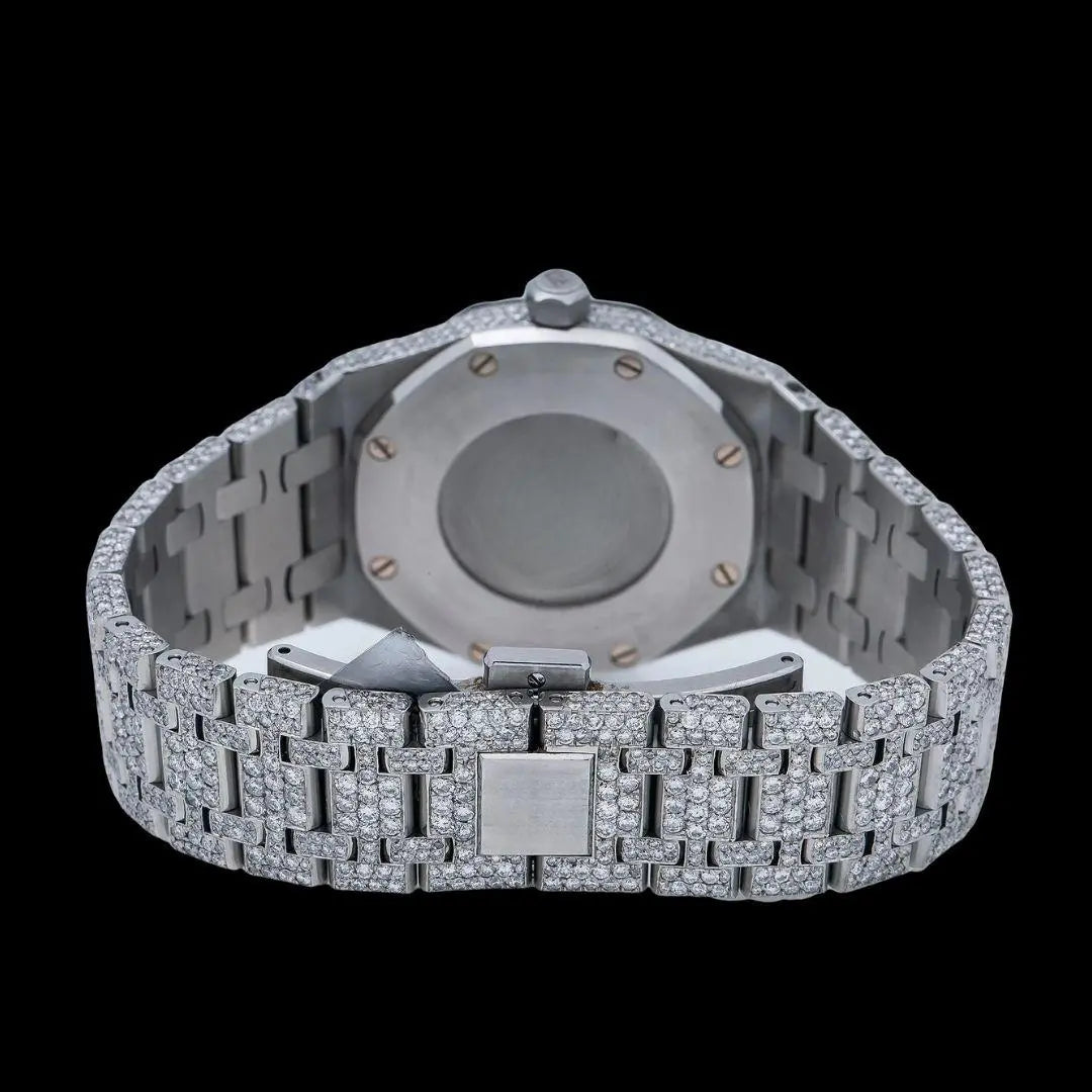 Royal Oak AP White Dial Stick Markers Fully Iced Out Moissanite Watch Caseback View