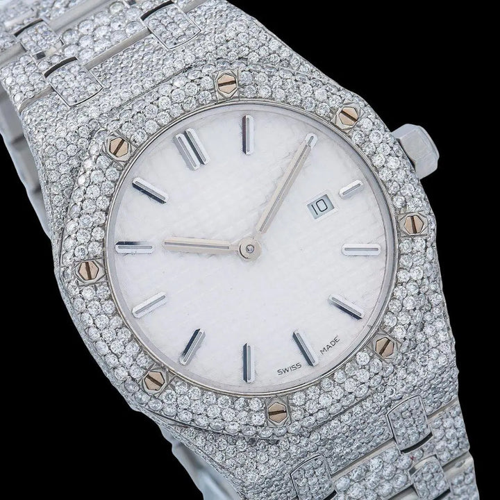 Royal Oak AP White Dial Stick Markers Fully Iced Out Moissanite Watch Close Up Dial View