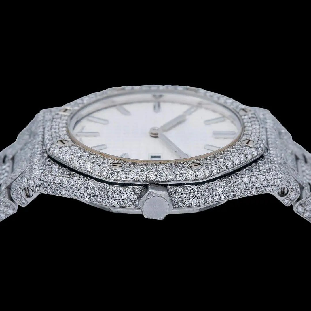 Royal Oak AP White Dial Stick Markers Fully Iced Out Moissanite Watch Crown View