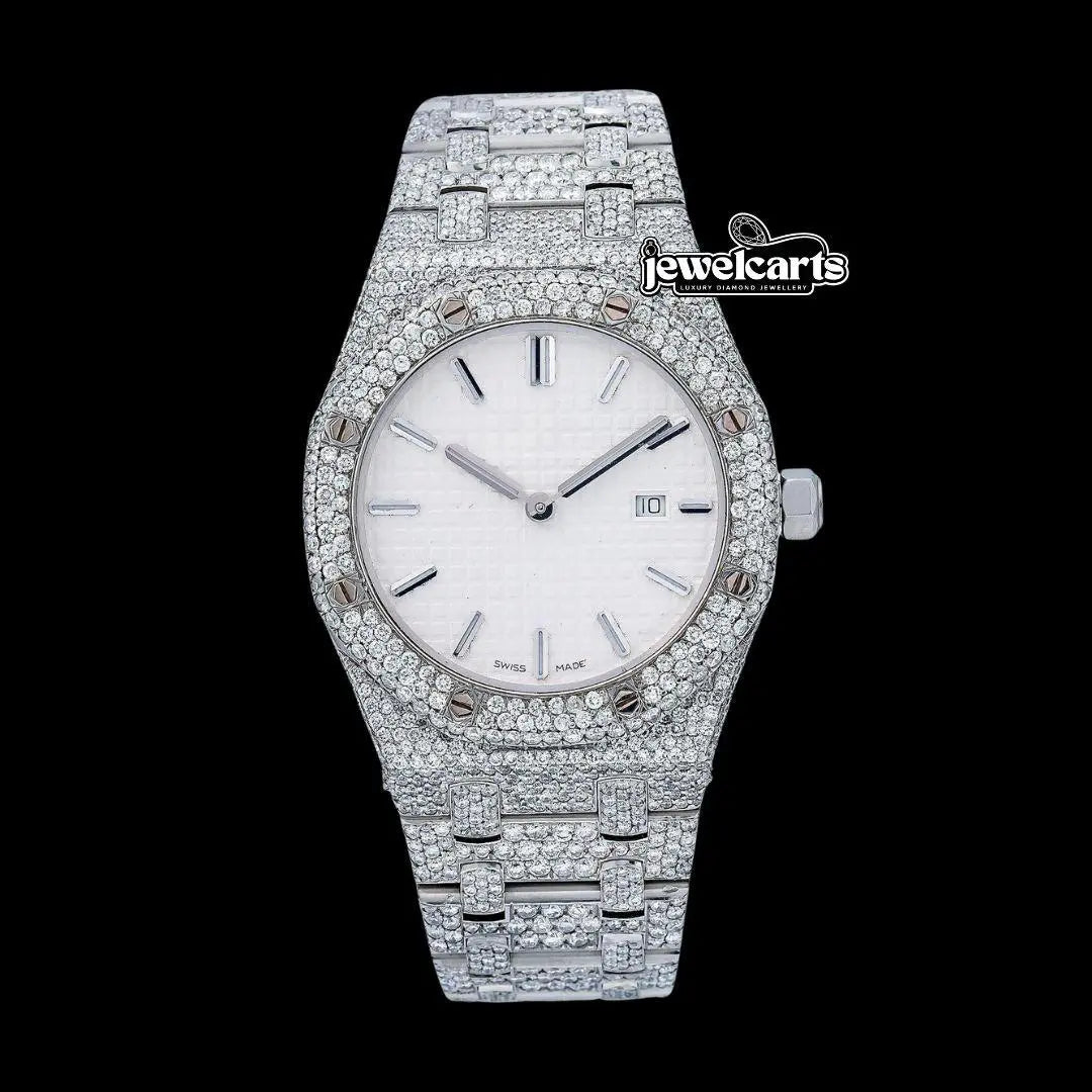 Royal Oak AP White Dial Stick Markers Fully Iced Out Moissanite Watch Front View