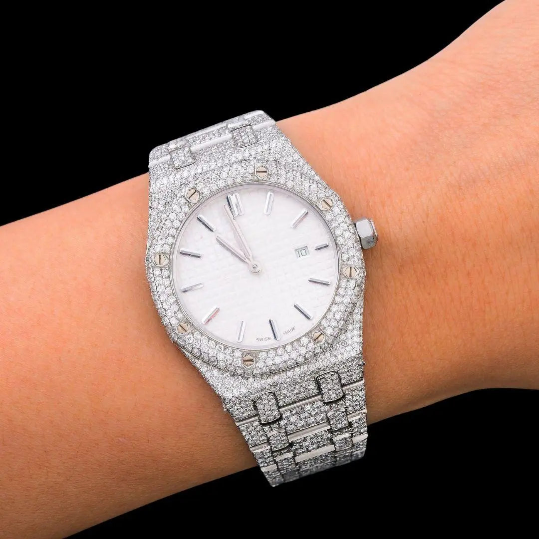 Royal Oak AP White Dial Stick Markers Fully Iced Out Moissanite Watch On Wrist View