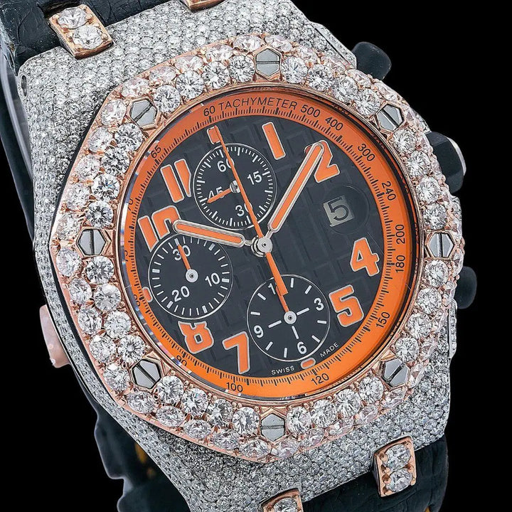 Royal Oak Offshore AP Black Chronograph Orange Numerals Dial Semi Iced Out Leather Strap Watch Close Up Dial View