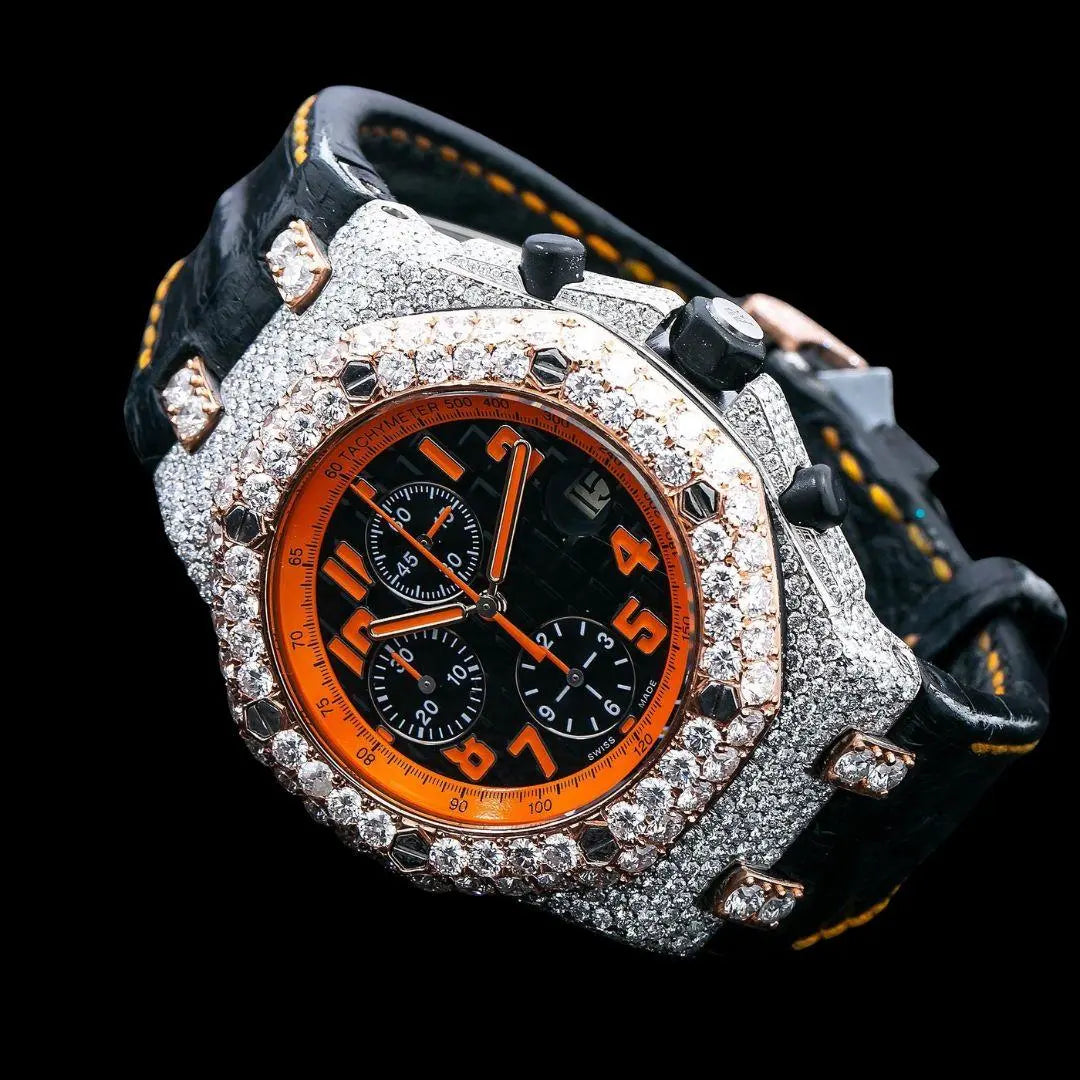 Royal Oak Offshore AP Black Chronograph Orange Numerals Dial Semi Iced Out Leather Strap Watch Close Up Front View