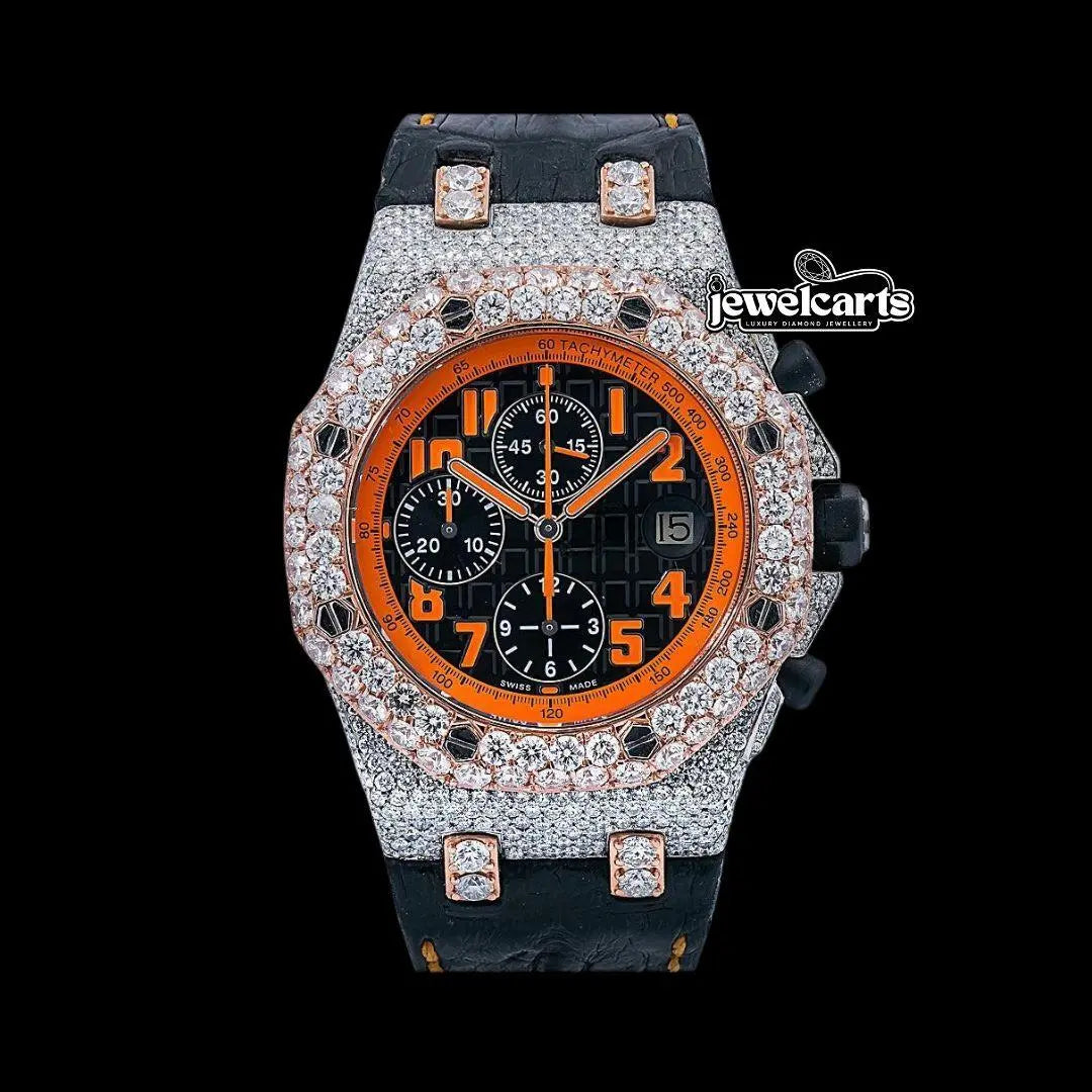 Royal Oak Offshore AP Black Chronograph Orange Numerals Dial Semi Iced Out Leather Strap Watch Front View
