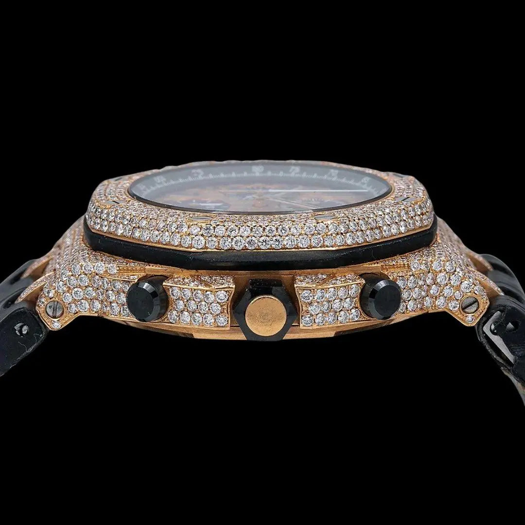 Royal Oak Offshore AP Champagne Chronograph Dial Semi Iced Out Leather Strap Watch Crown View