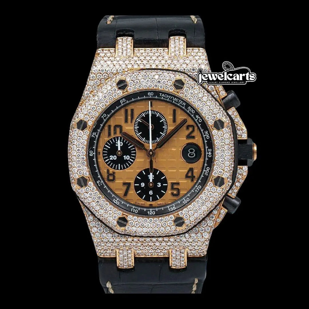 Royal Oak Offshore AP Champagne Chronograph Dial Semi Iced Out Leather Strap Watch Front View