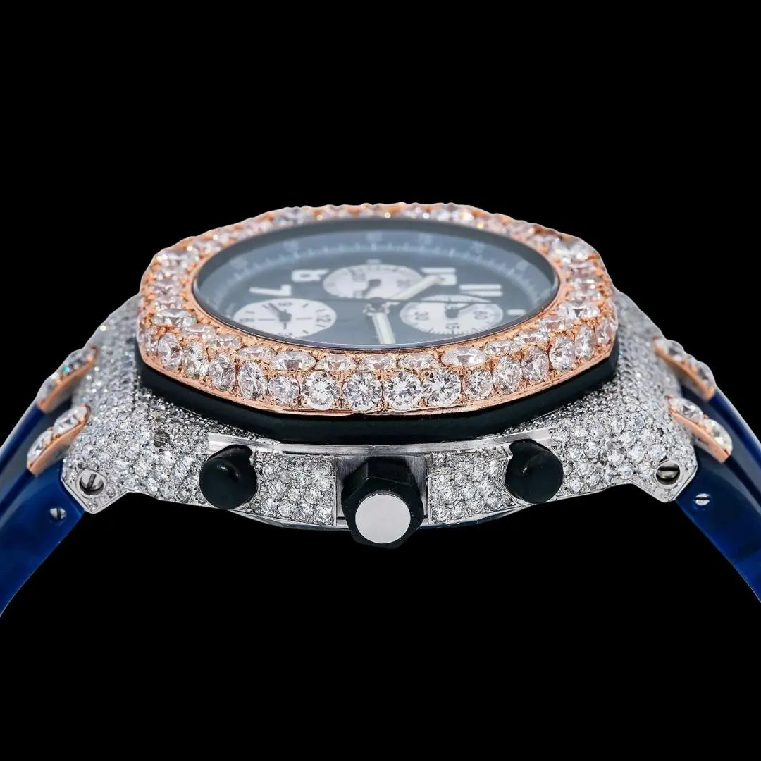 Royal Oak Offshore AP Chronograph Blue Dial Blue Camo Rubber Strap Two Tone Semi Iced Out Watch Crown View