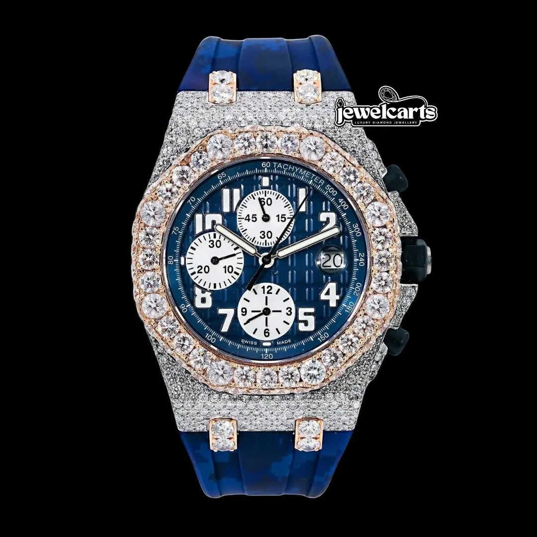 Royal Oak Offshore AP Chronograph Blue Dial Blue Camo Rubber Strap Two Tone Semi Iced Out Watch Front View