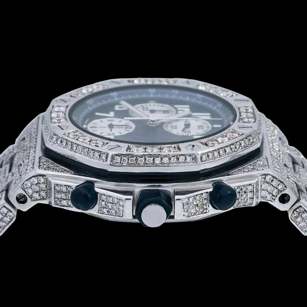 Royal Oak Offshore Chronograph Blue Dial Diamond Bezel Fully Iced Out Moissanite Watch Crown View