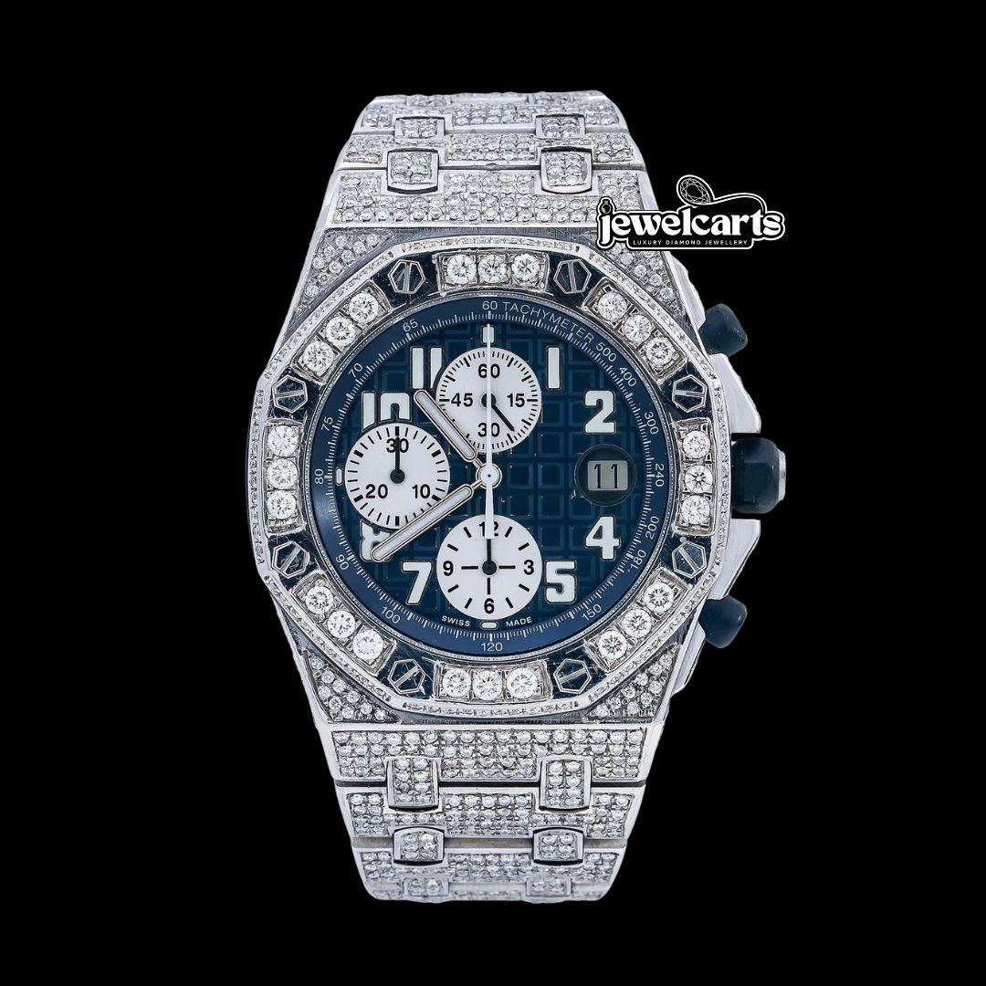 Royal Oak Offshore Chronograph Blue Dial Diamond Bezel Fully Iced Out Moissanite Watch Front View