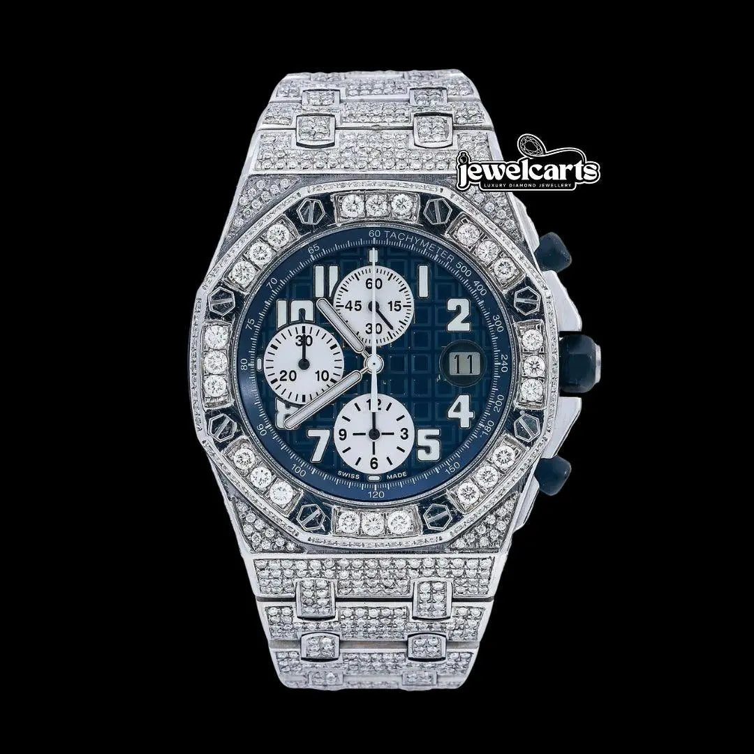 Royal Oak Offshore Chronograph Blue Dial Diamond Bezel Fully Iced Out Moissanite Watch Front View