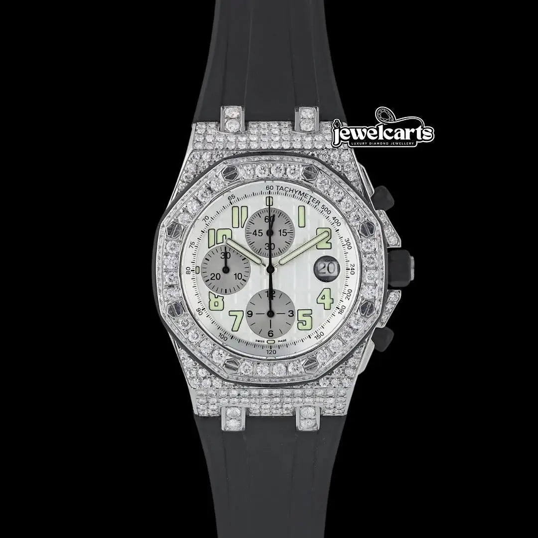 Royal Oak Offshore White Chronograph Dial Semi Iced Out Black Rubber Strap Watch Front View