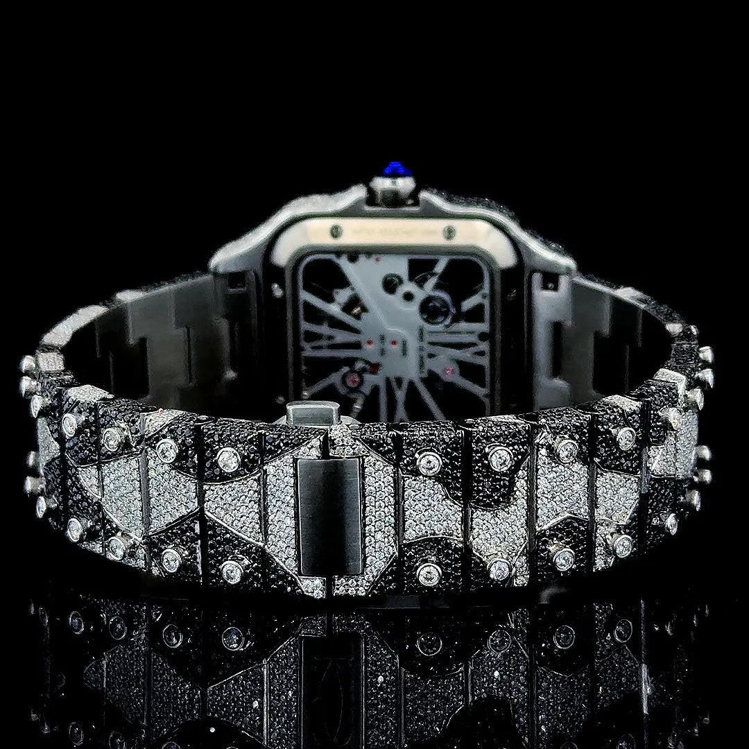 Skeleton Dial Cartier Two Tone Black Camo Iced Out Bracelet Moissanite Watch Caseback View