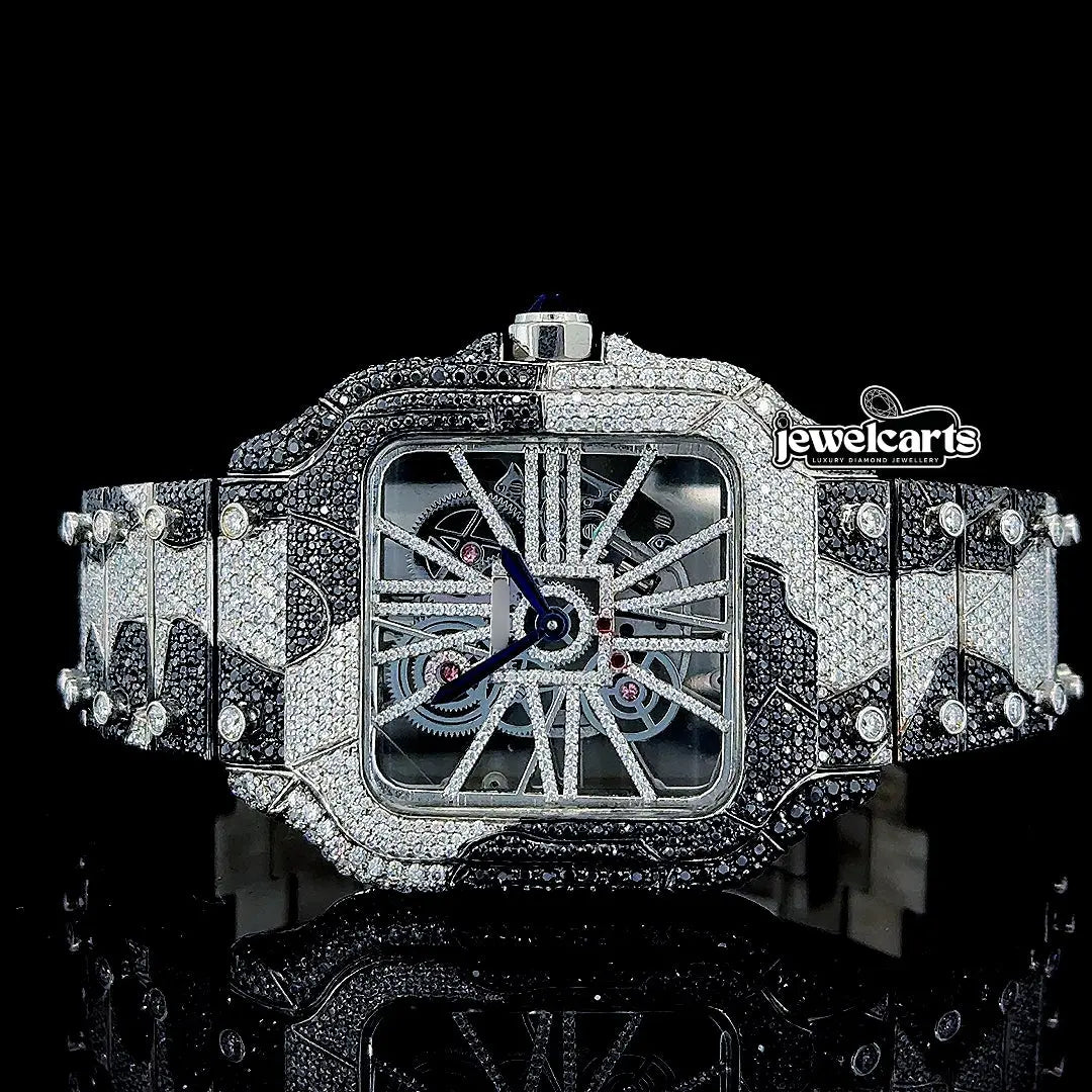 Skeleton Dial Cartier Two Tone Black Camo Iced Out Bracelet Moissanite Watch Front View