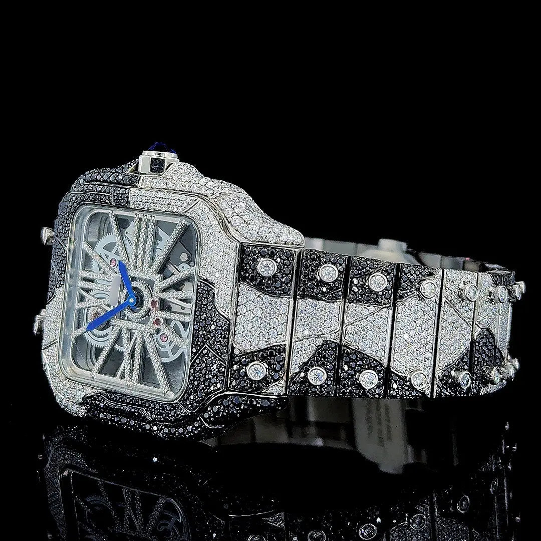 Skeleton Dial Cartier Two Tone Black Camo Iced Out Bracelet Moissanite Watch Left Profile View