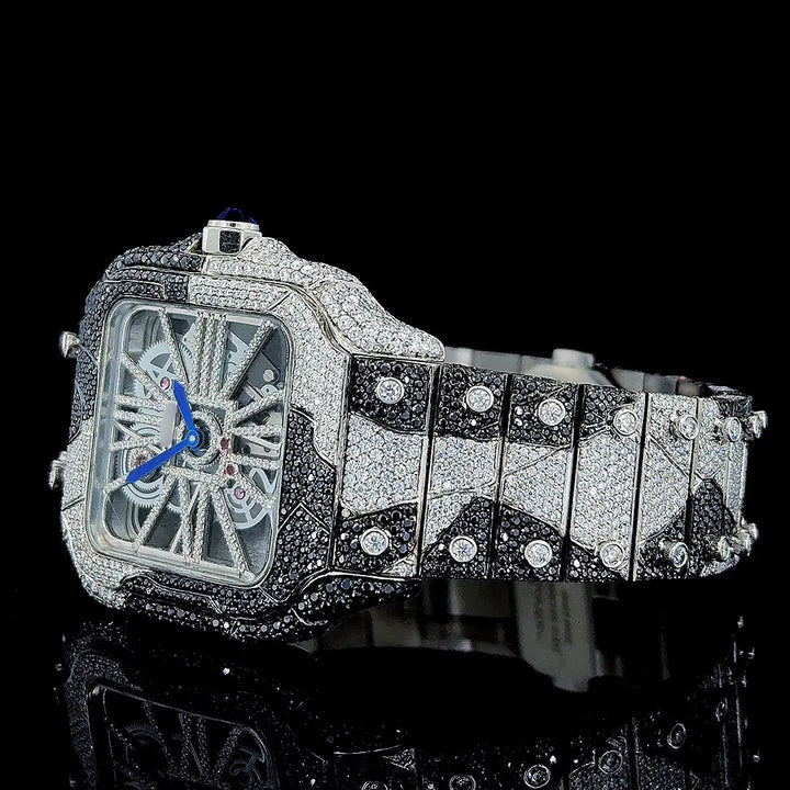 Skeleton Dial Cartier Two Tone Black Camo Iced Out Bracelet Moissanite Watch Left Profile View