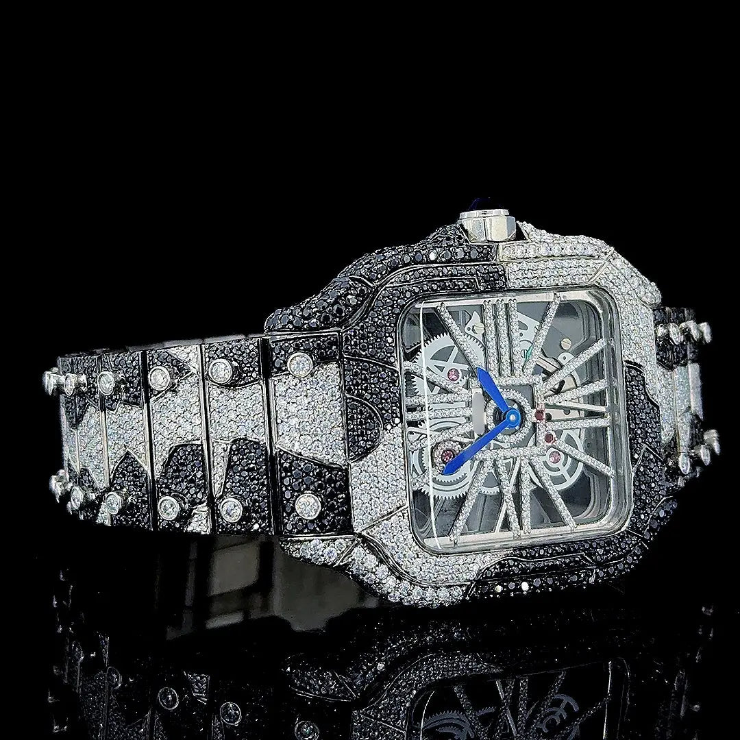Skeleton Dial Cartier Two Tone Black Camo Iced Out Bracelet Moissanite Watch Right Profile View