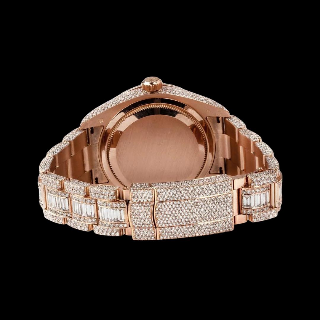 Sky-Dweller Rolex Brown Dial Standard Numerals Rose Gold Baguette Oyster Bracelet Iced Out Moissanite Watch Caseback View