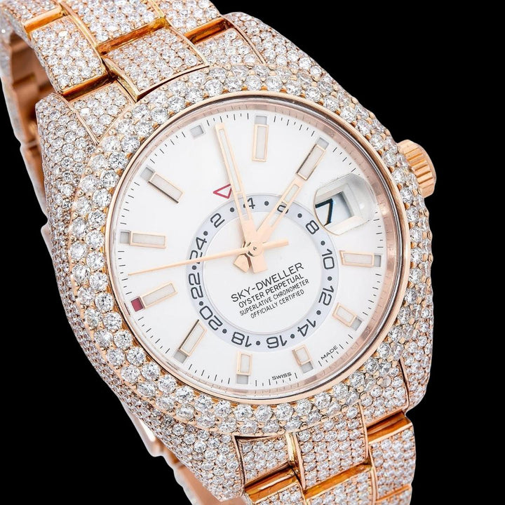 Sky-Dweller Rolex Dual Time Stick Markers Dial Iced Out Rose Gold Oyster Bracelet Moissanite Watch Close Up Dial View