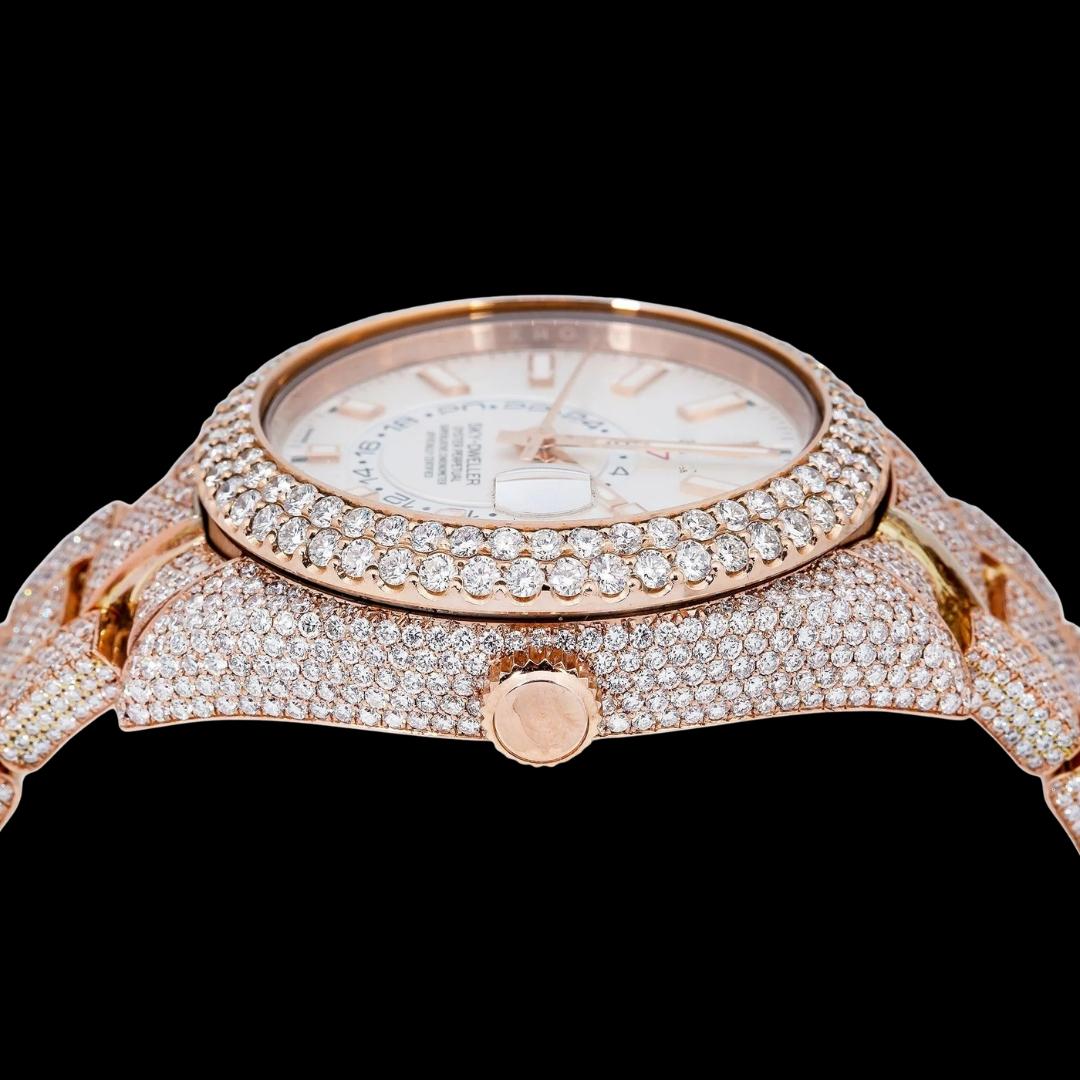 Sky-Dweller Rolex Dual Time Stick Markers Dial Iced Out Rose Gold Oyster Bracelet Moissanite Watch Crown View
