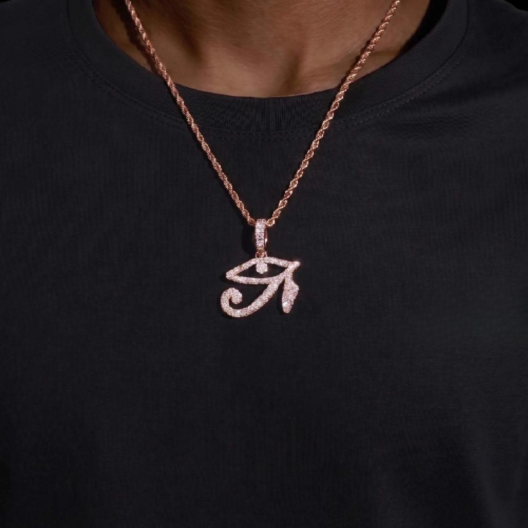 VVS Moissanite Eye of Horus Pendant in 14K Rose Gold Neck View