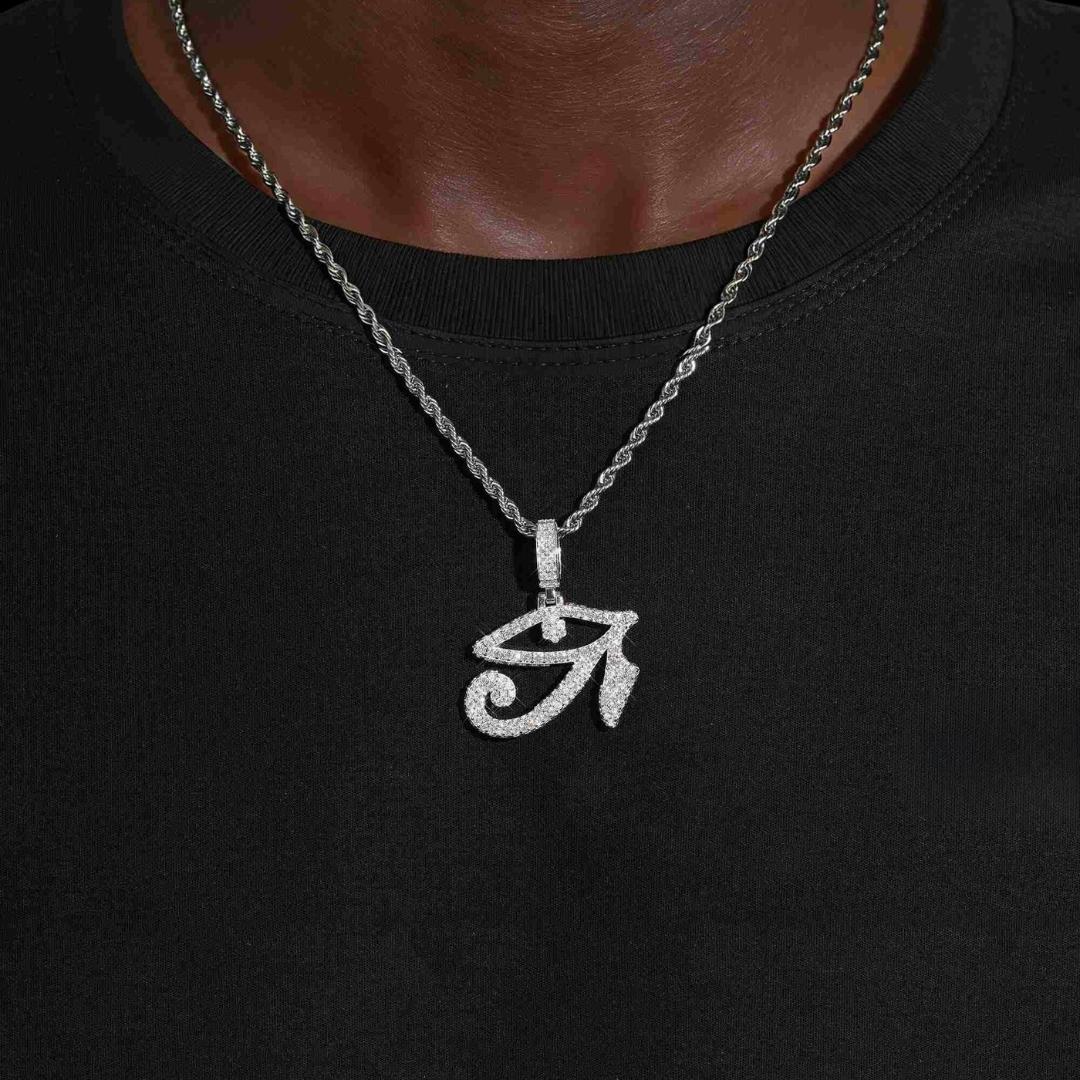 VVS Moissanite Eye of Horus Pendant in 14K White Gold Neck View