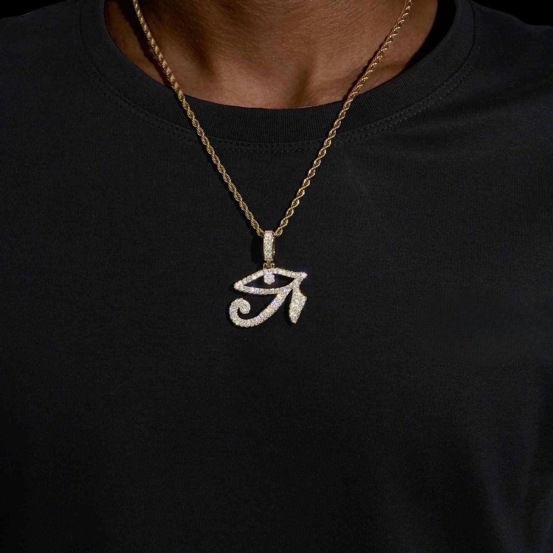 VVS Moissanite Eye of Horus Pendant in 14K Yellow Gold Neck View