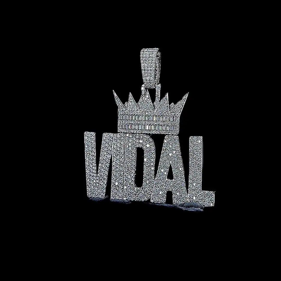 Vidal Royal Moissanite Crown Letter Pendant in 925 Sterling Silver Full Close Up Front View